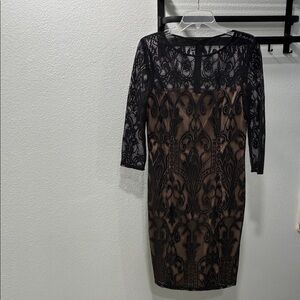 Adrianna Papell Black Lace Overlay with Nude Slip Sheath Dress